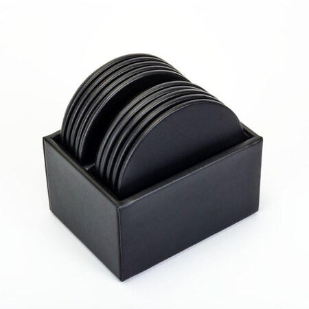 Dacasso Black Leatherette 10 Round Coaster Set with Holder AG-1335